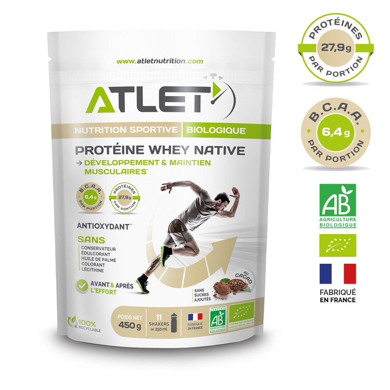 Protéine Whey Native cacao 450g biologique Atlet