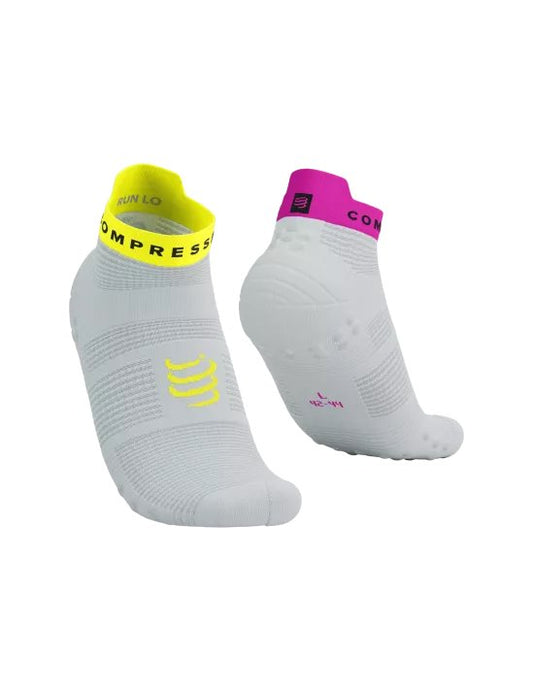 Chaussettes Compressport Pro Racing Socks v4.0 run Blanc avec tige jaune et fushia