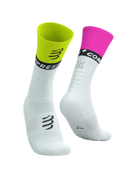 Chaussettes Compressport Mid Compression V2.0 - Blanc/jaune et fushia